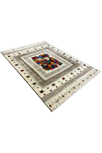 Gabbeh rug (150x102 cm) in perspective: cream background, multicolored border and corner motifs