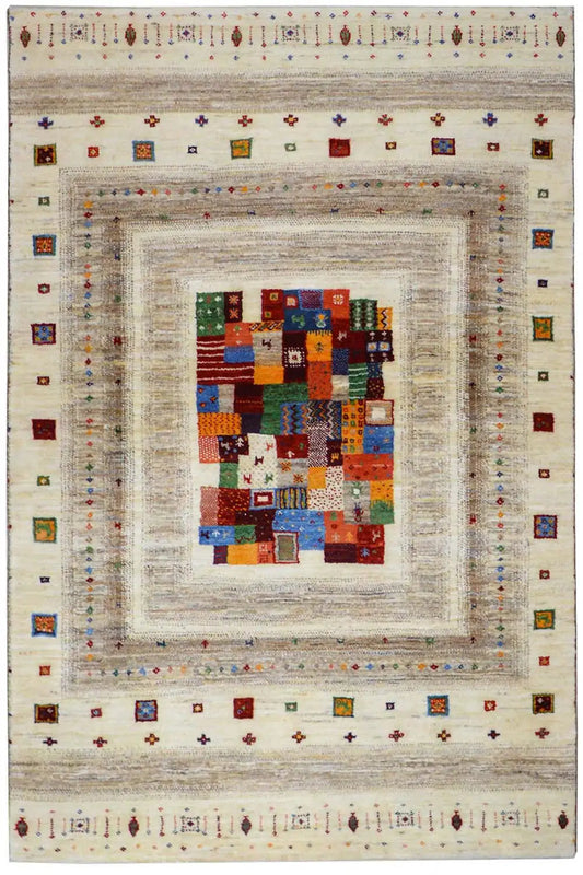 Gabbeh rug (150x102 cm) with a cream-colored background and multicolored square mosaic designs
