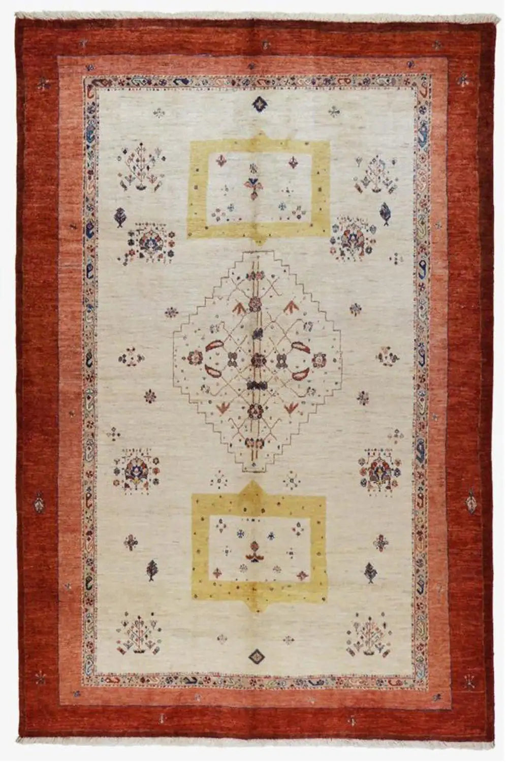 Classic rug, white with yellow-accented medallions, reddish-brown border, symmetrical pattern