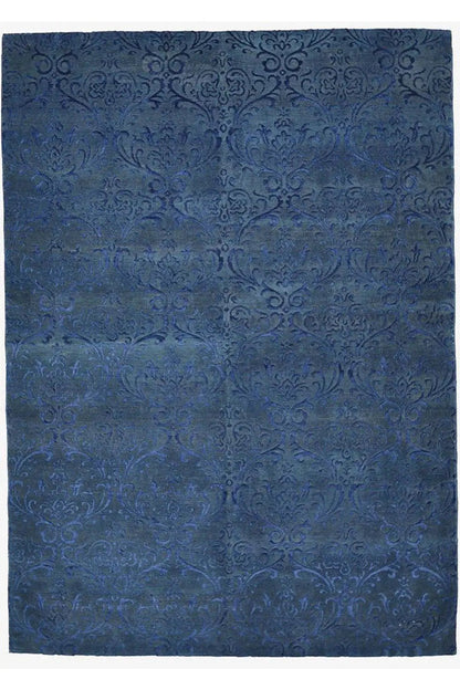 Designer blue rug with decorative ornamental damask pattern, flat, rectangular