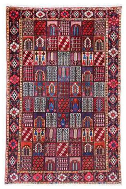 Colorful oriental rug with a geometric pattern and border, rectangular