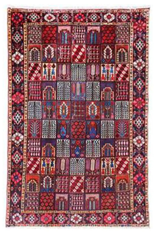 Colorful oriental rug with a geometric pattern and border, rectangular