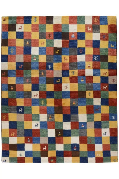 Rectangular Gabbeh rug, dense checkered patchwork in blue, red, yellow and green