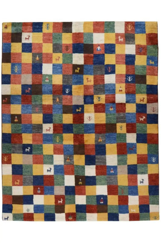 Rectangular Gabbeh rug, dense checkered patchwork in blue, red, yellow and green