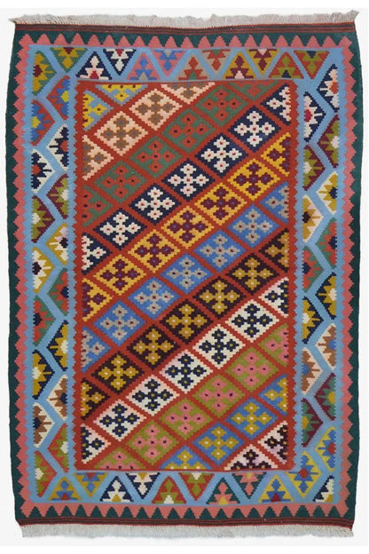 Kilim Qashqai with a colorful diamond pattern, narrow decorative stripes, and fringes