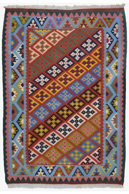 Kilim Qashqai with a colorful diamond pattern, narrow decorative stripes, and fringes