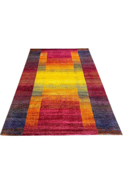 Gabbeh rug, geometric stripes in red, yellow, and dark blue