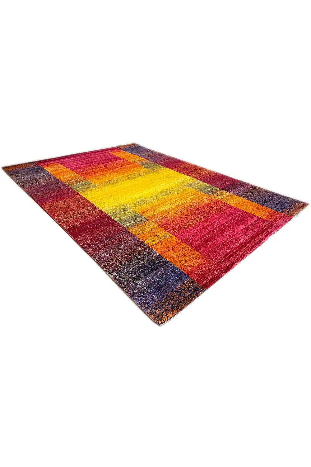 Gabbeh rug, angled view; pattern in red, yellow and dark blue