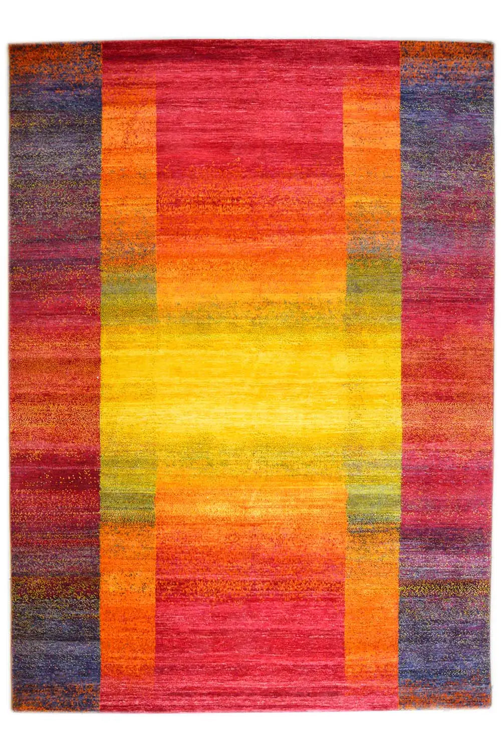 Gabbeh rug with a geometric pattern in red, yellow and dark blue