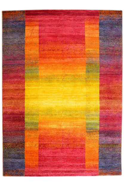 Gabbeh rug with a geometric pattern in red, yellow and dark blue