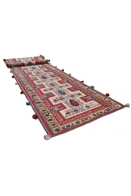Oriental rug runner, red geometric pattern, with tassels, 572×99 cm
