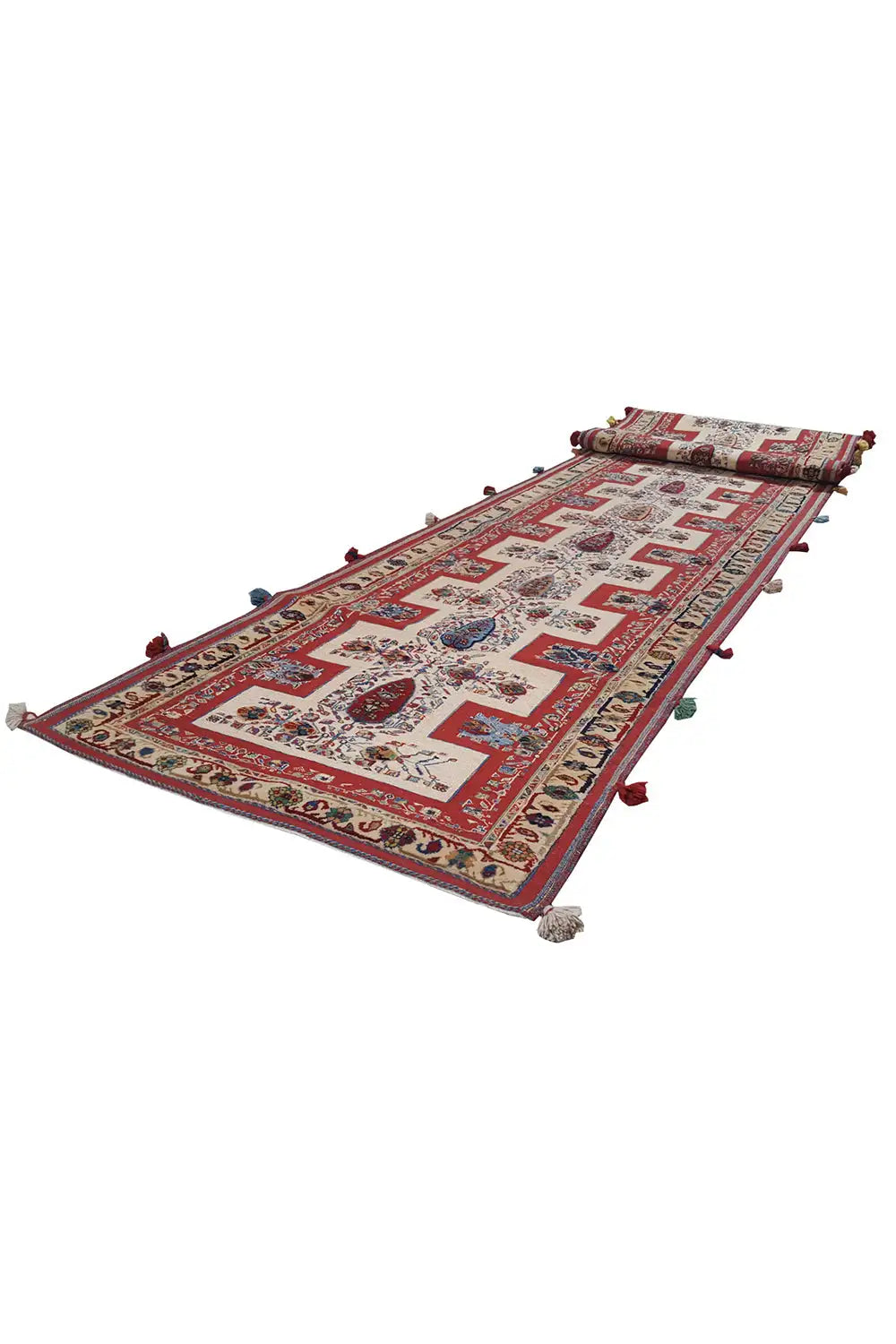 Oriental rug runner, red border design with blue decoration and tassels