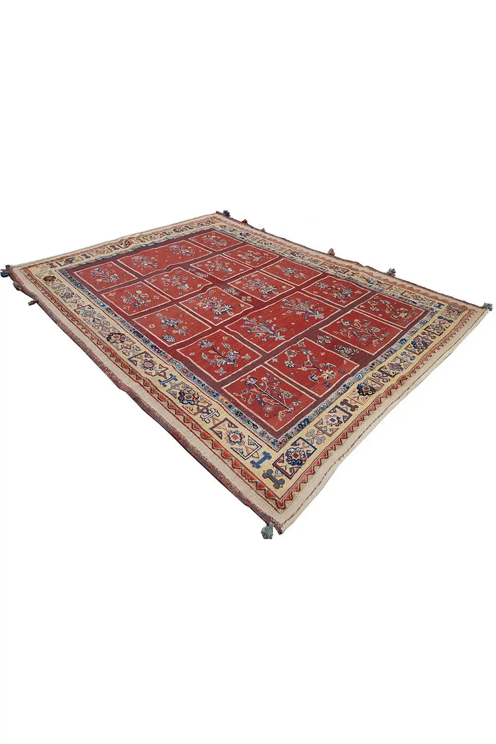 Oriental rug 183x147 cm with a red tile pattern, blue central band, and fringes.