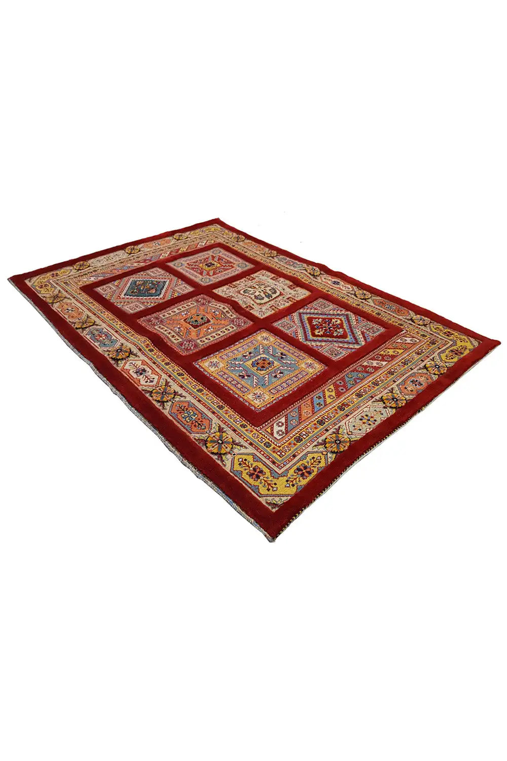 Carpet 144x102 cm, red border with colorful geometric ornamental panels