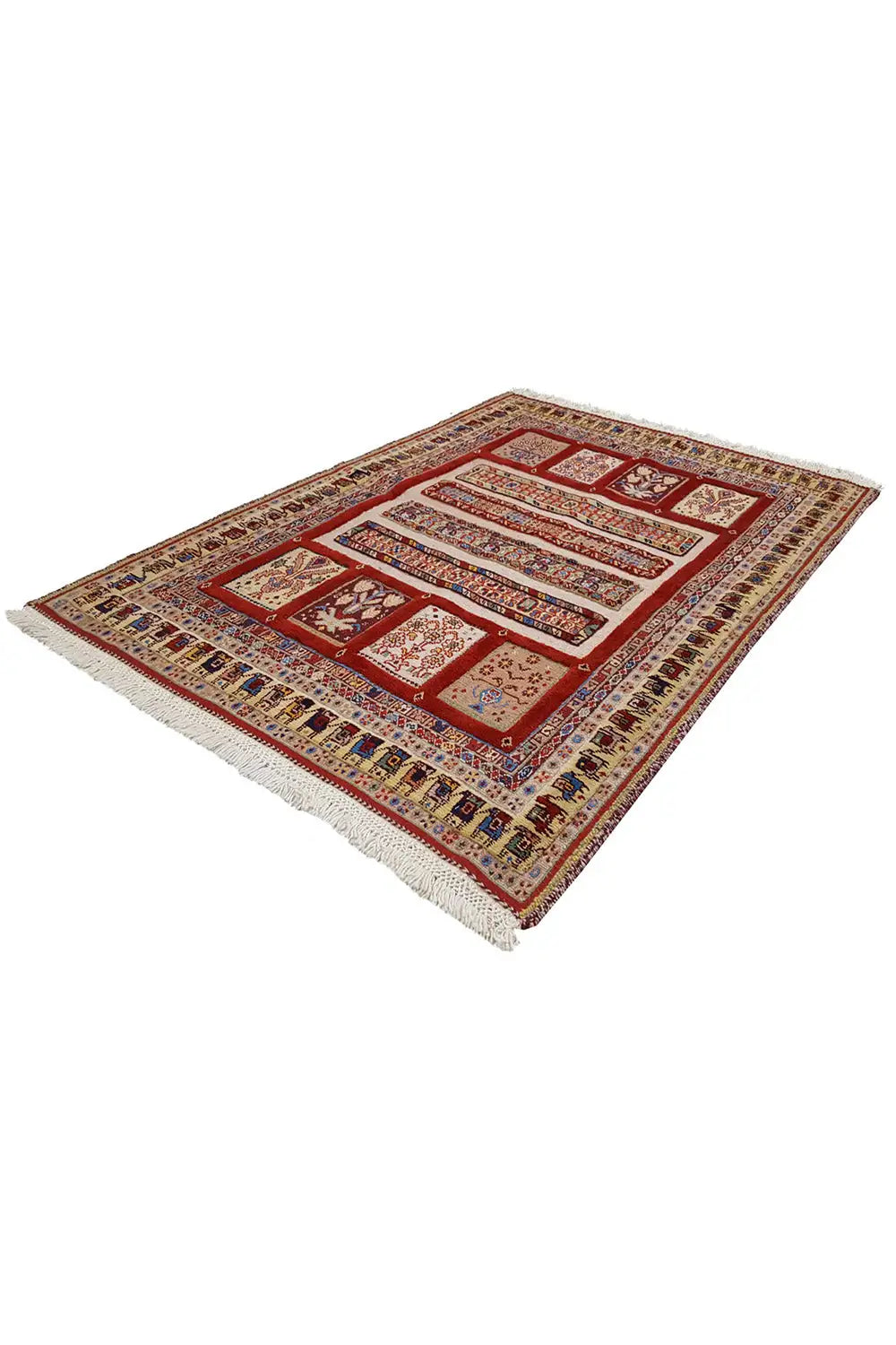Oriental rug (139×103 cm) in red and beige with a geometric pattern