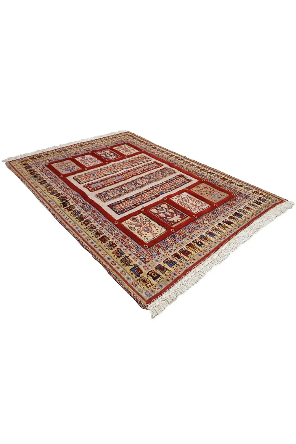 Oriental rug 139×103 cm with a red field and a geometric pattern rich in borders