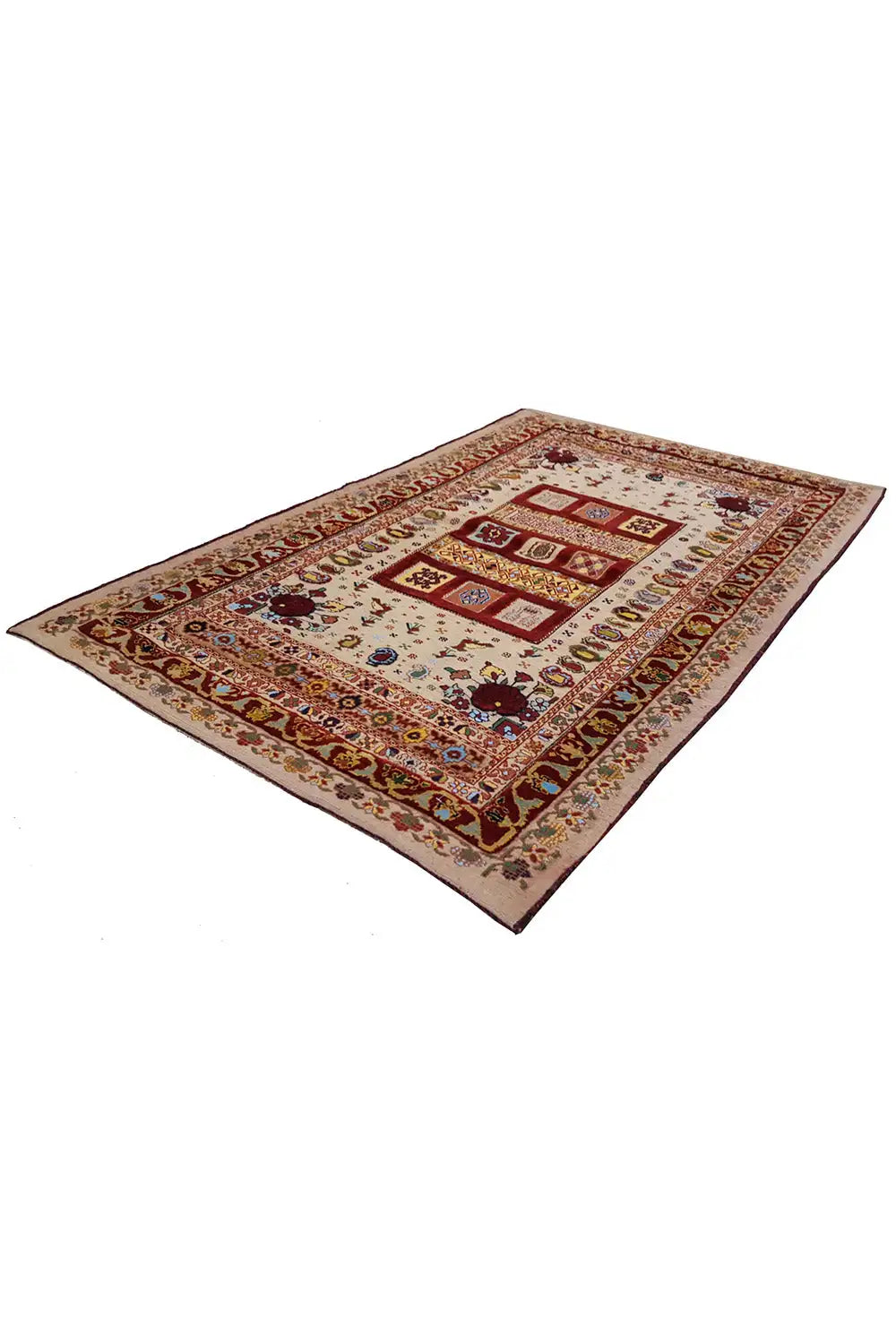 Soumak rug 160×102 cm, geometric pattern in red, blue, and beige