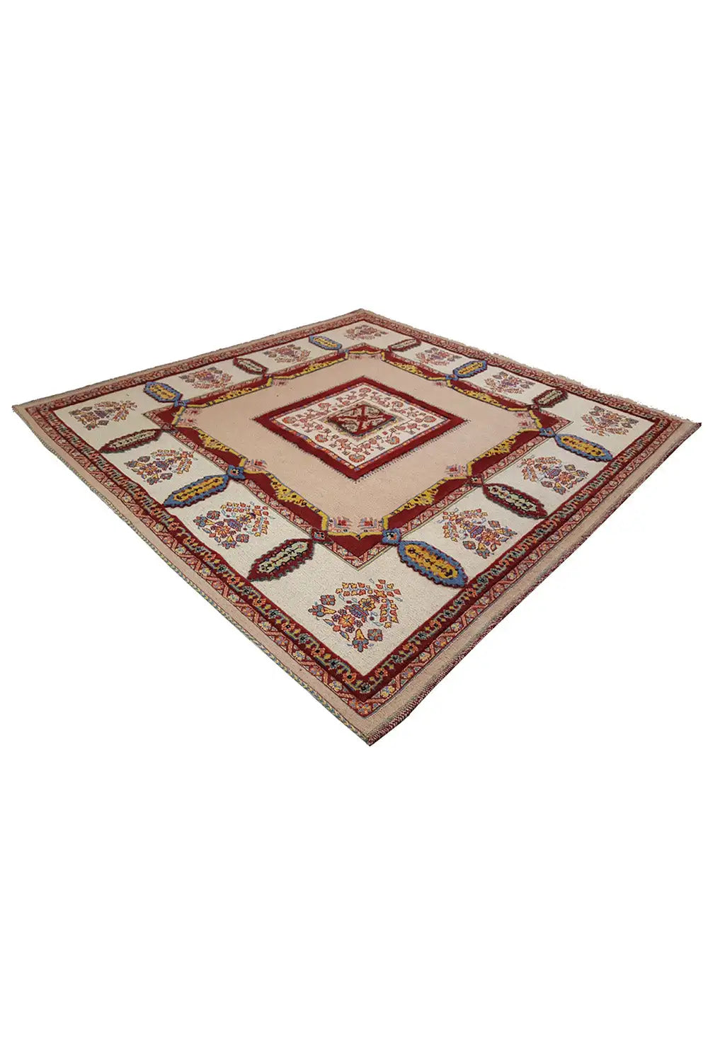 Soumak rug with a beige background and colorful decorative pattern