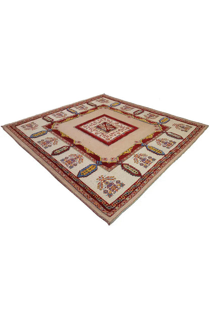 Soumak rug, beige background with red border and ornamental trim