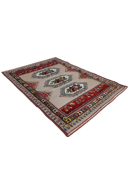 Soumakh rug 124x82 cm, beige geometric pattern with red border trim