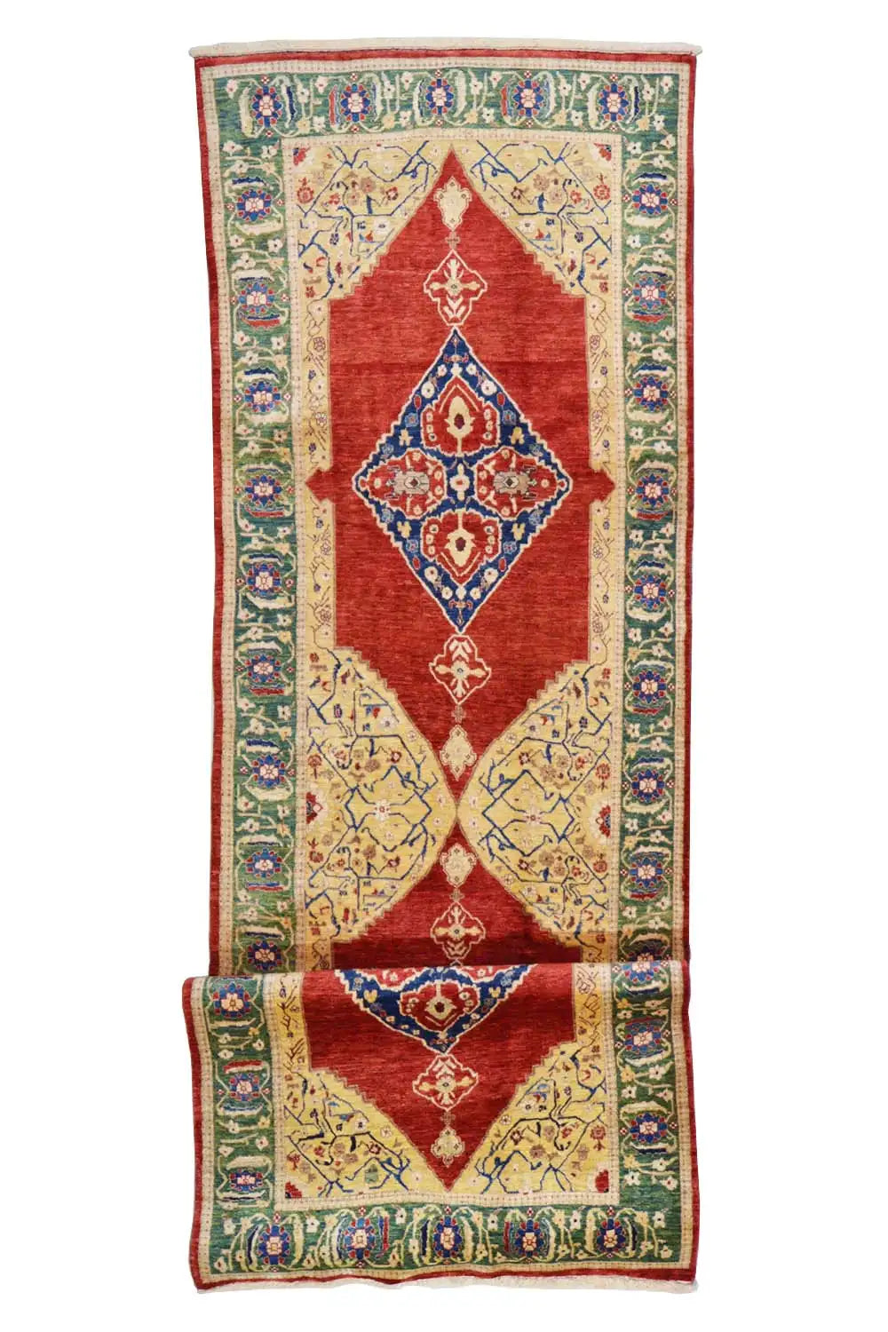 Oriental rug with a red field, multicolored vines, and a central medallion