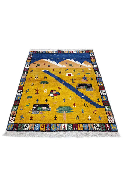 Lori Gabbeh rug (143x103 cm): yellow design, multicolored border, fringes