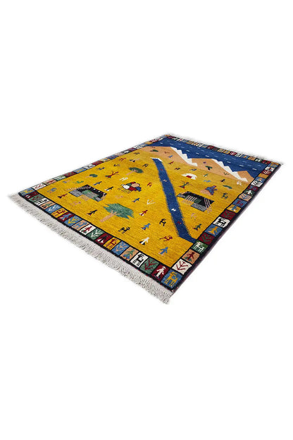 Gabbeh rug Lori (143x103 cm): yellow-blue Oriental motif, fringes