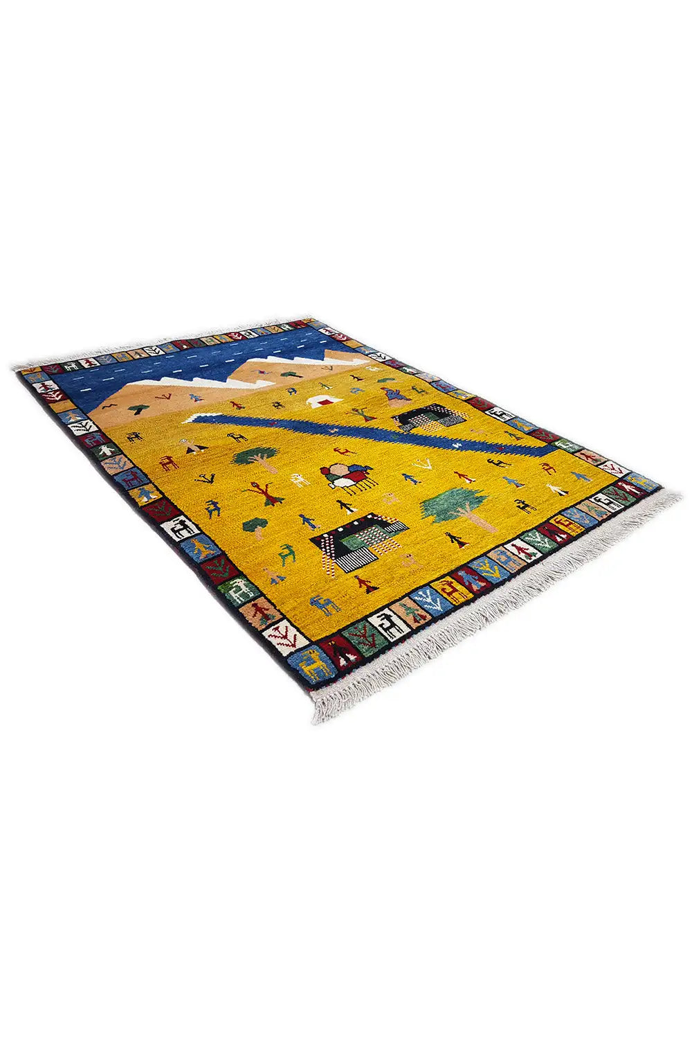 Gabbeh Lori rug (143x103 cm): yellow scene with houses, blue band, fringes