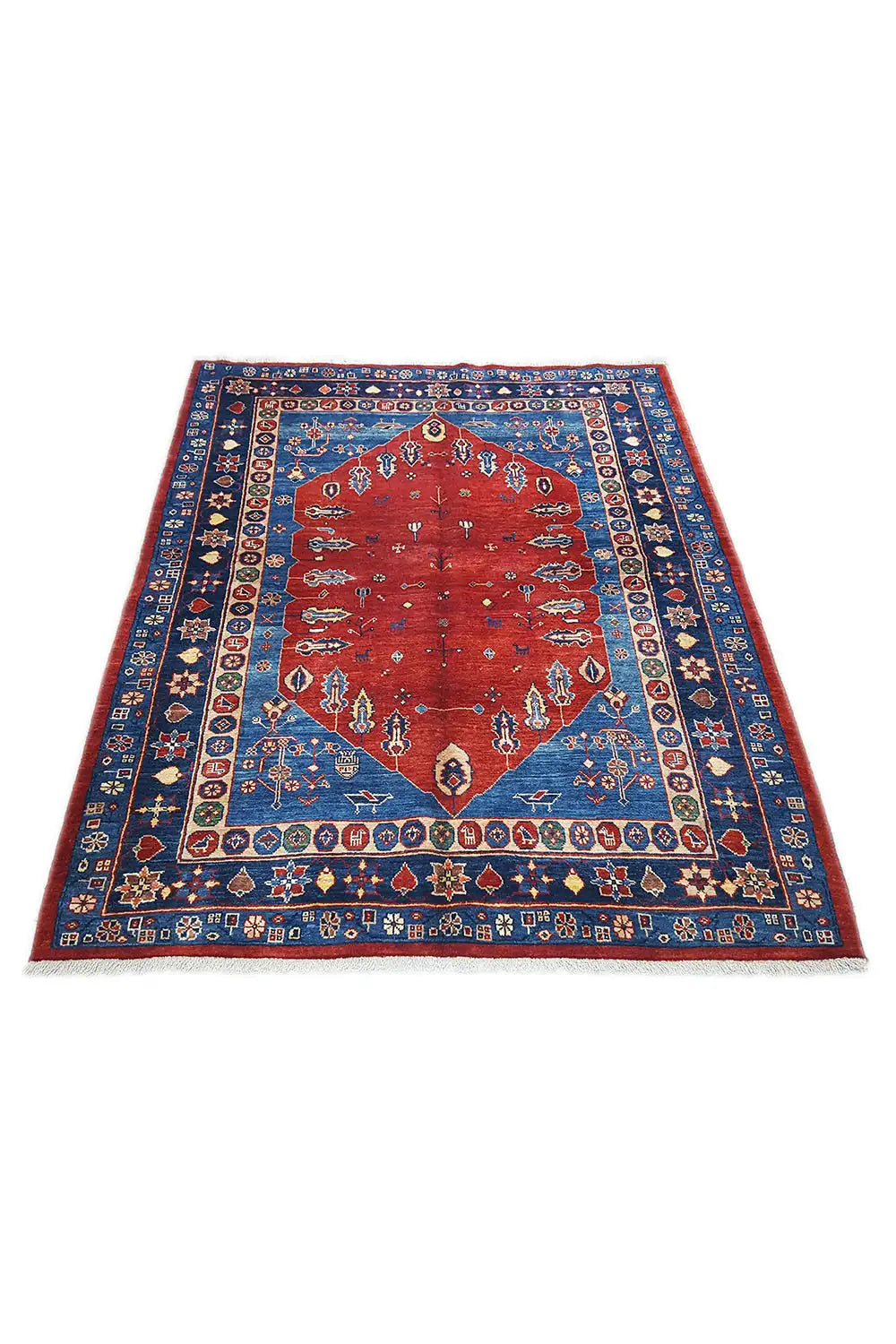 Rug with a red central field and blue medallion, multicolored pattern, and border