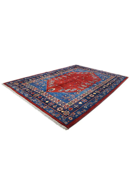 Diamond-cut carpet: blue-red ornamental border with a red center