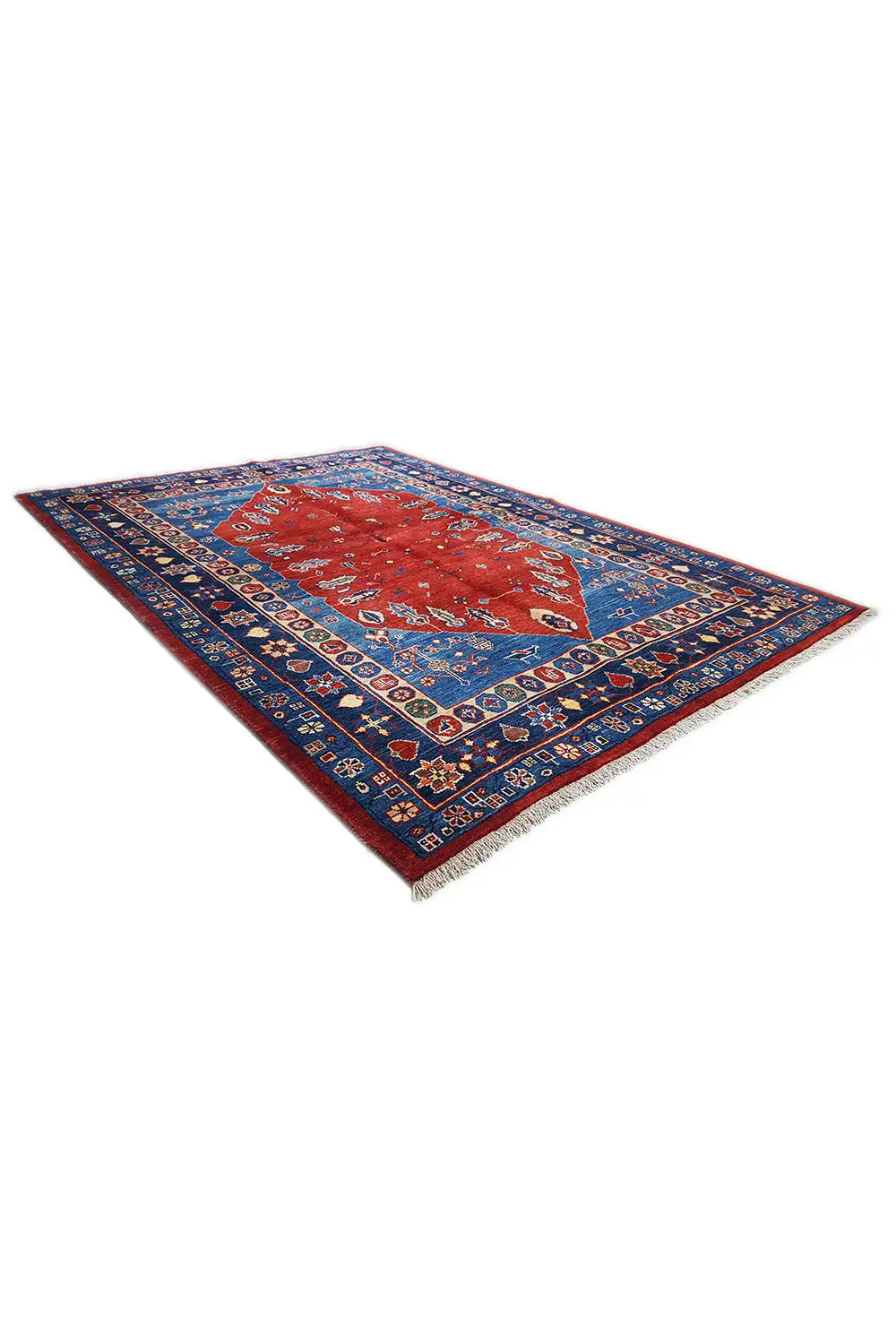Carpet with a blue border and red center, finely patterned