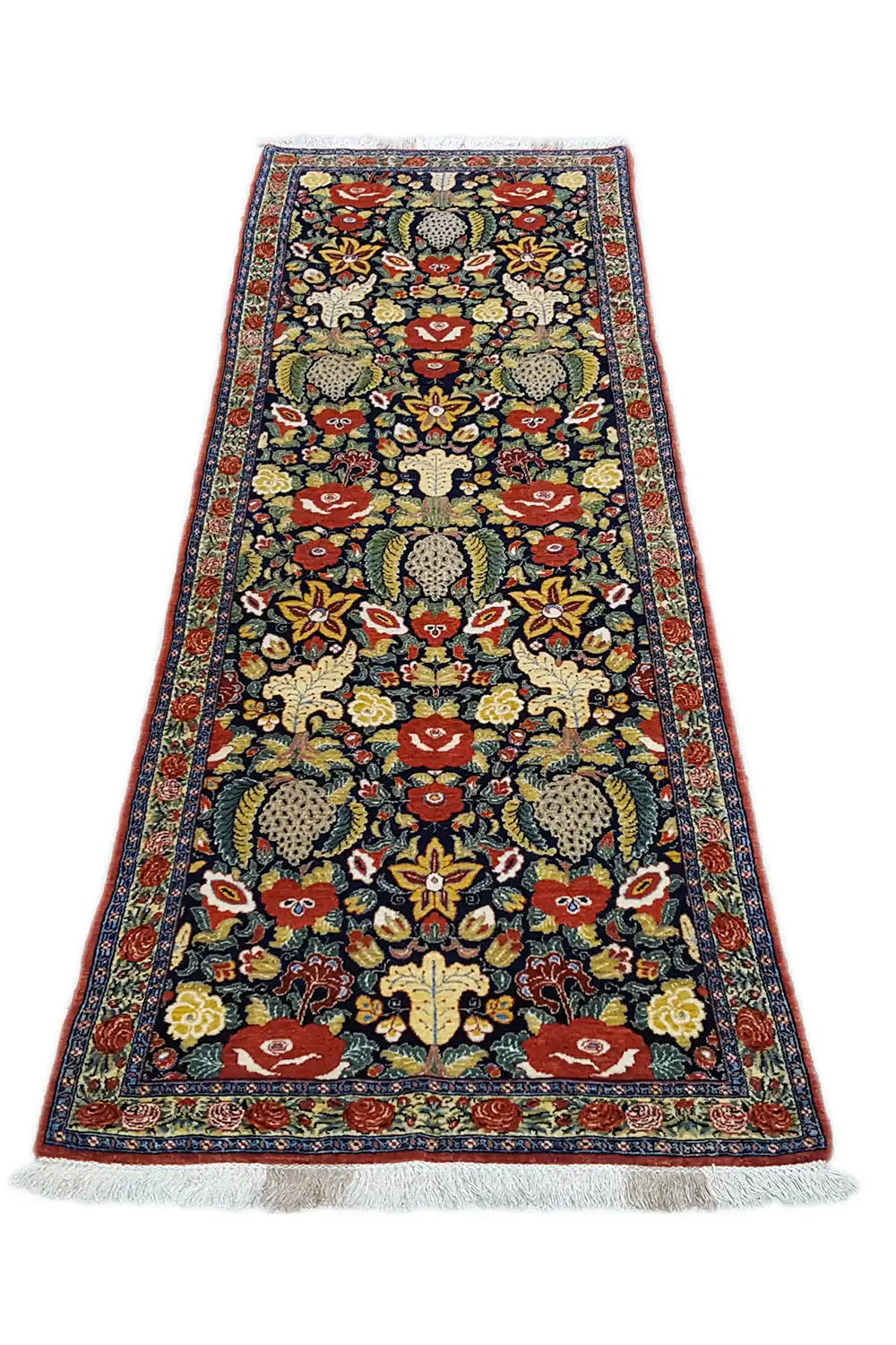 Runner rug with vintage pattern, border and fringe, dark blue/red/yellow