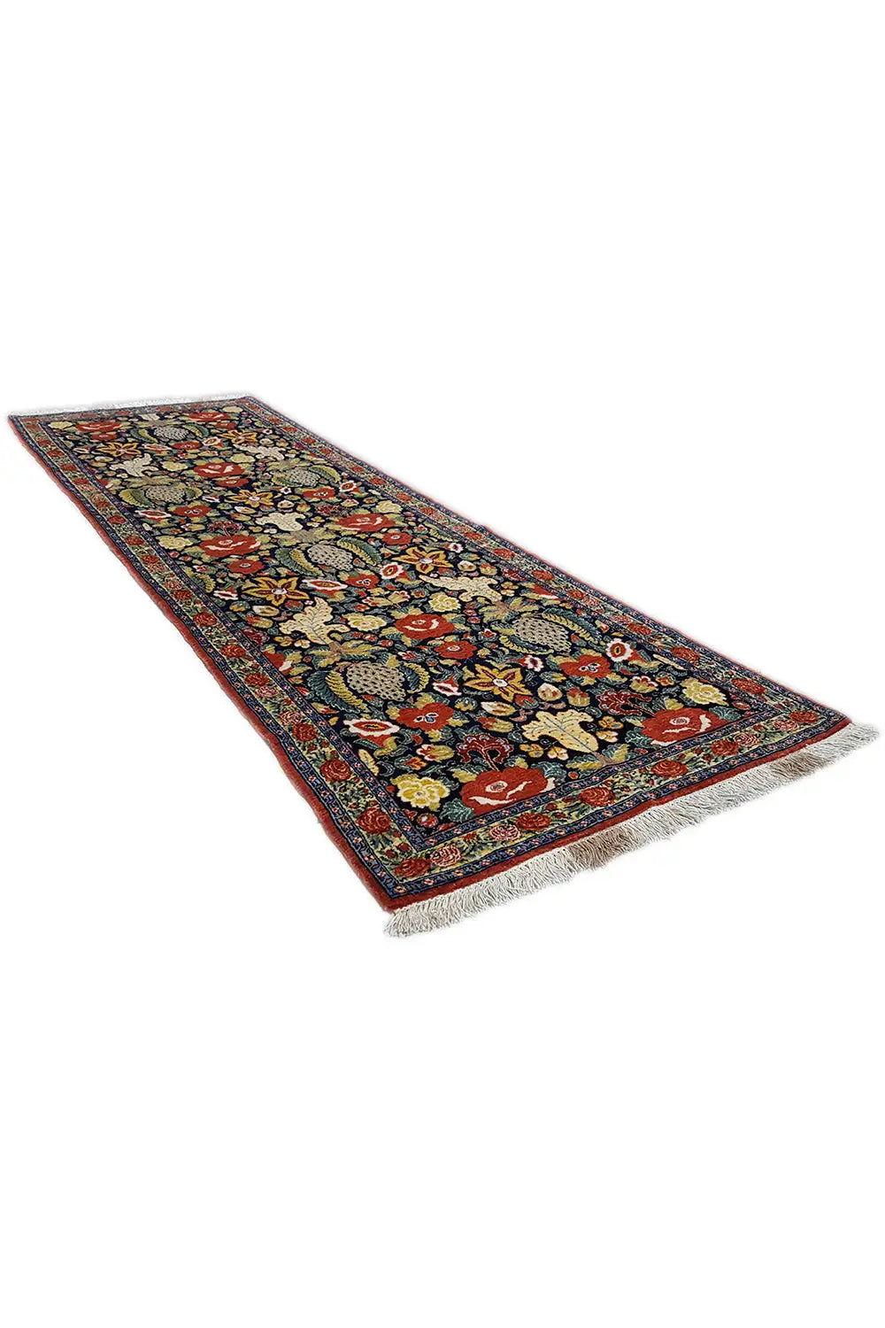 Long-format rug with a dense ornamental pattern and fringes, dark blue, red, yellow, green