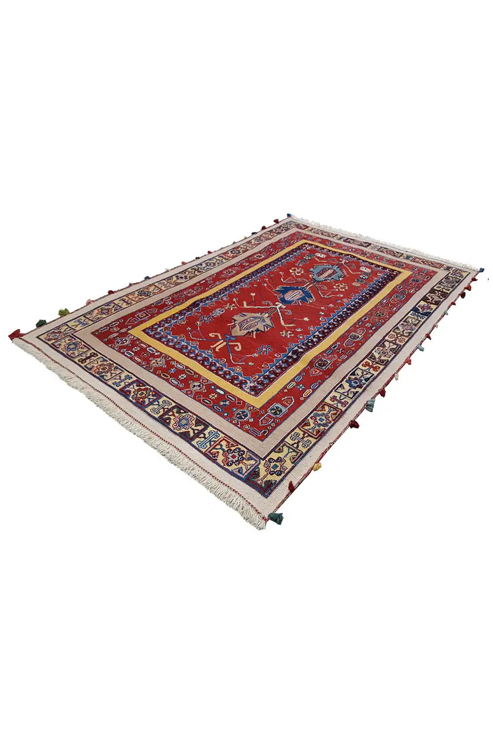 Oriental rug 175x119 cm with red medallion, blue border, and fringed edge