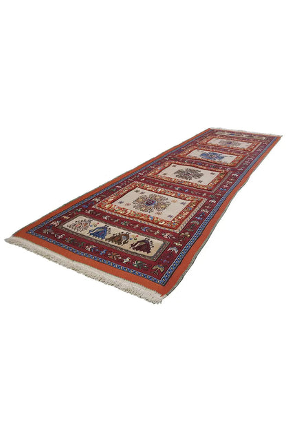 Runner rug with an ornamental border pattern, red and blue, with fringes along the edges.