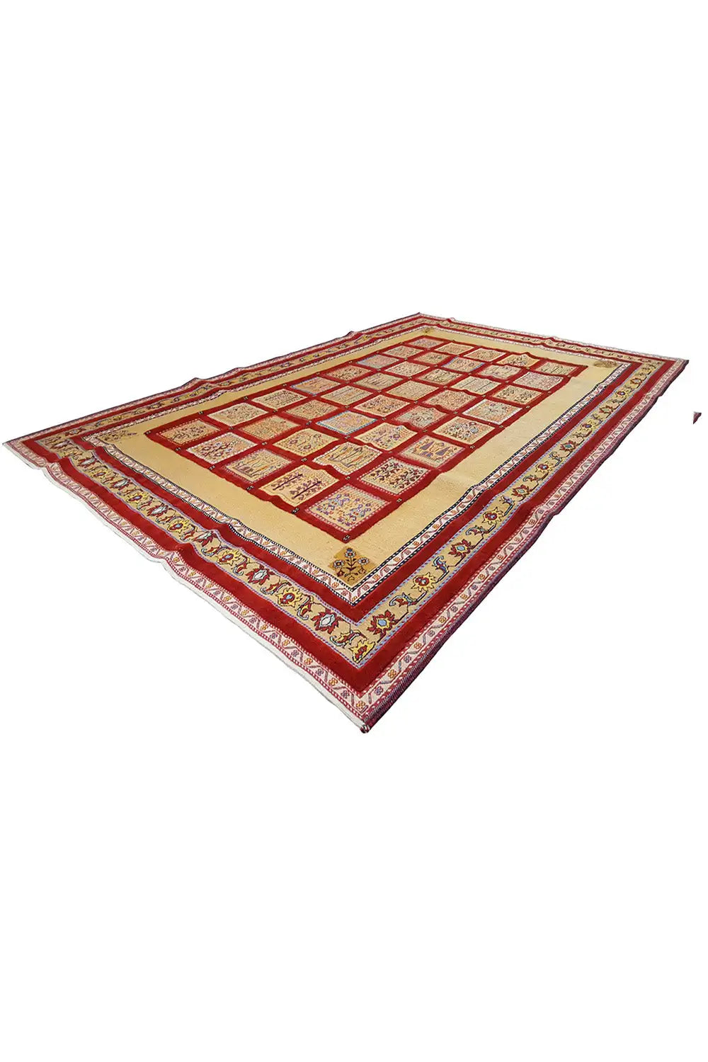 Rug, rectangular, red pattern with a yellow center and decorative border