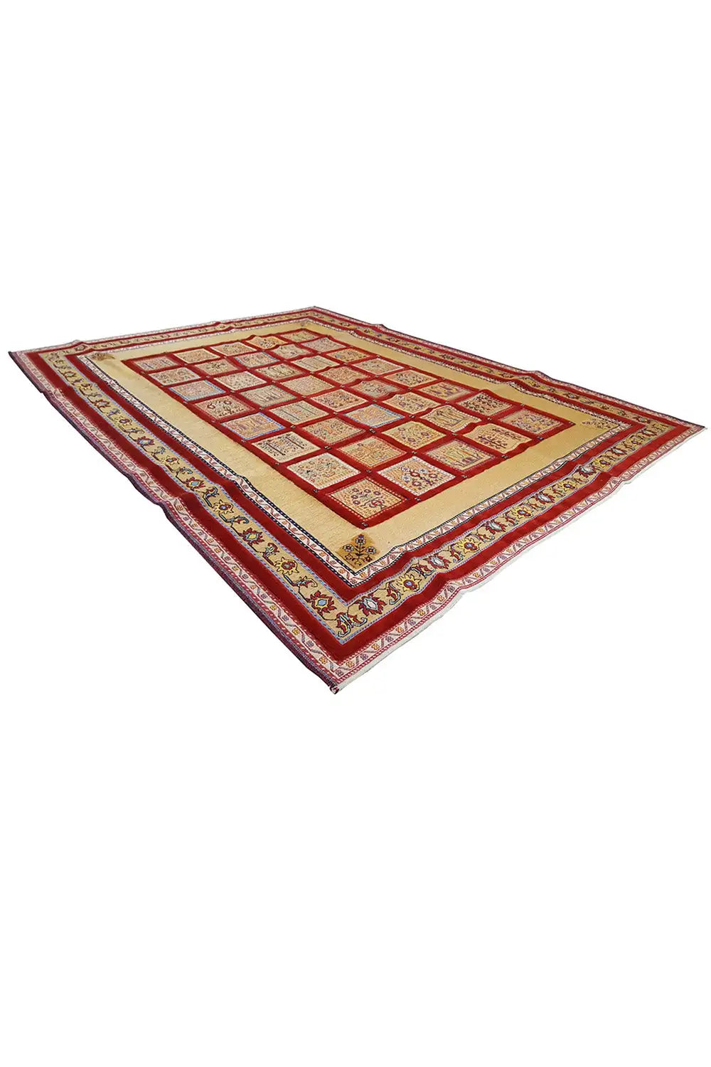 Rug, rectangular, red ornamental pattern with a yellow background and decorative borders