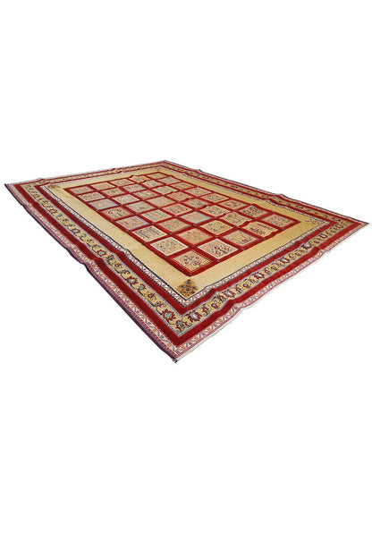 Rug, rectangular, red ornamental pattern with a yellow background and decorative borders
