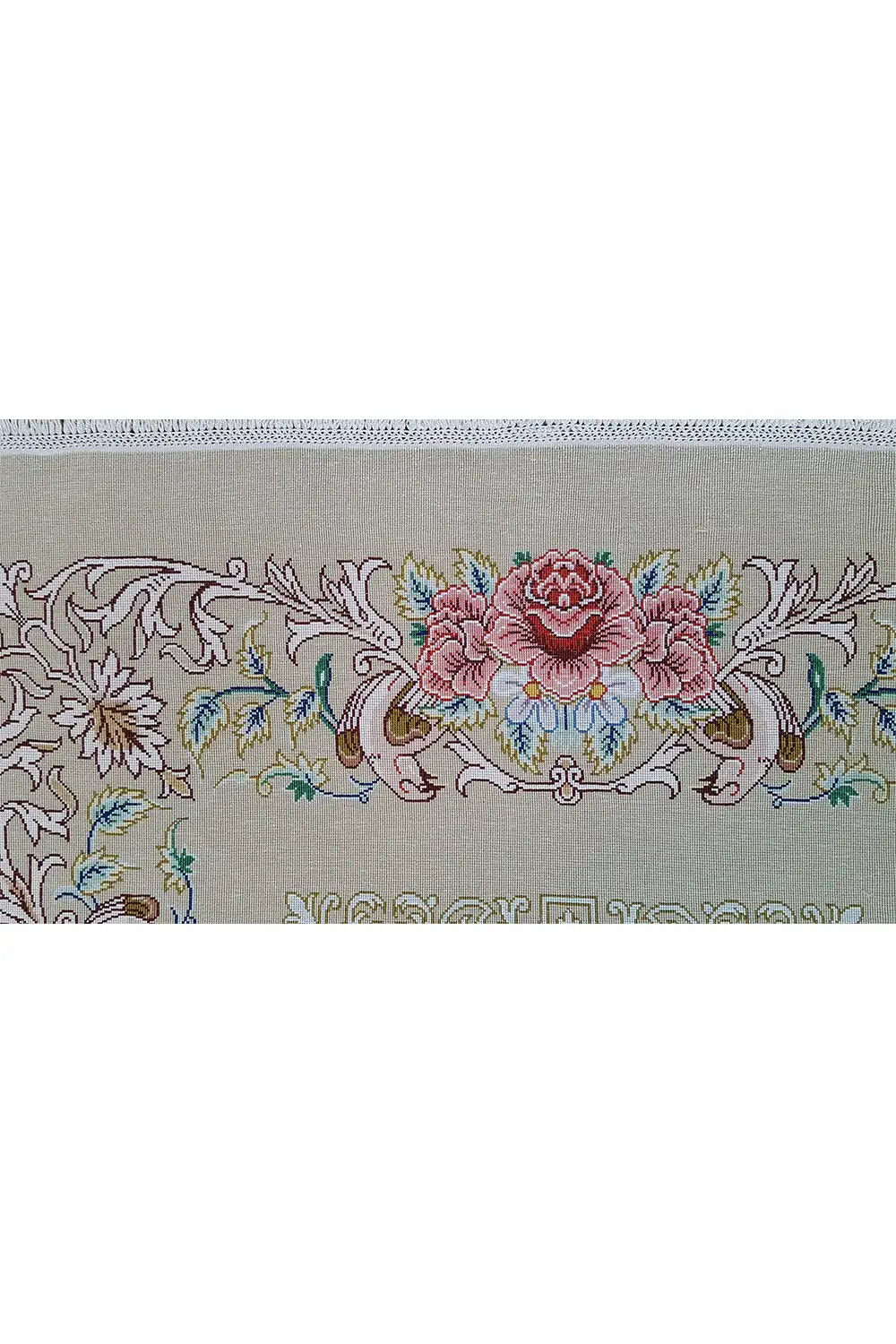 Silk carpet border with rose-pink flowers and ornaments, delicate floral pattern