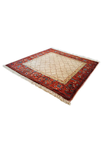 Qashqai exclusive rug, square, reddish-brown pattern with a beige inner field and fringes