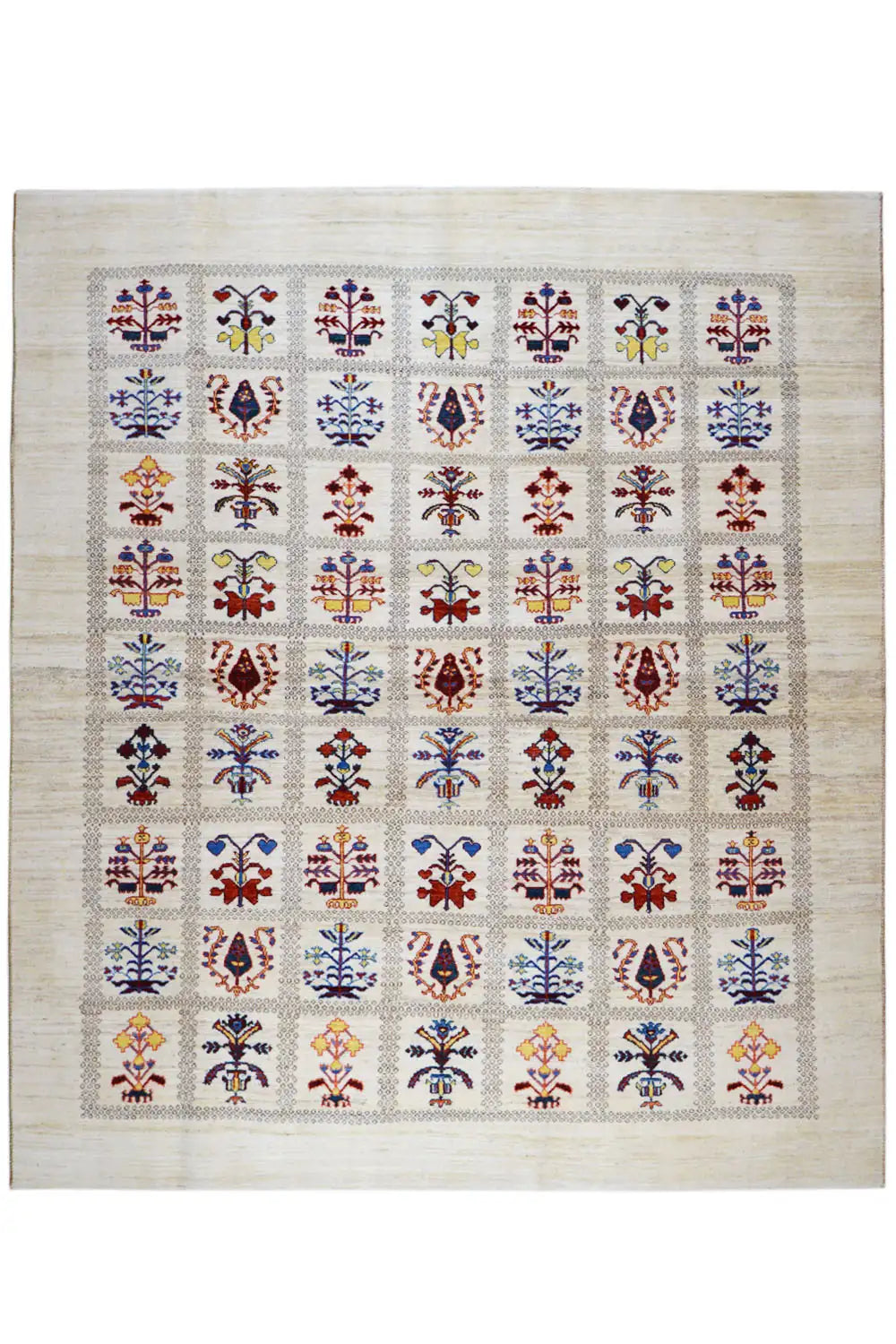 Rectangular Gabbeh-Lori rug on a beige background with colorful ornaments.