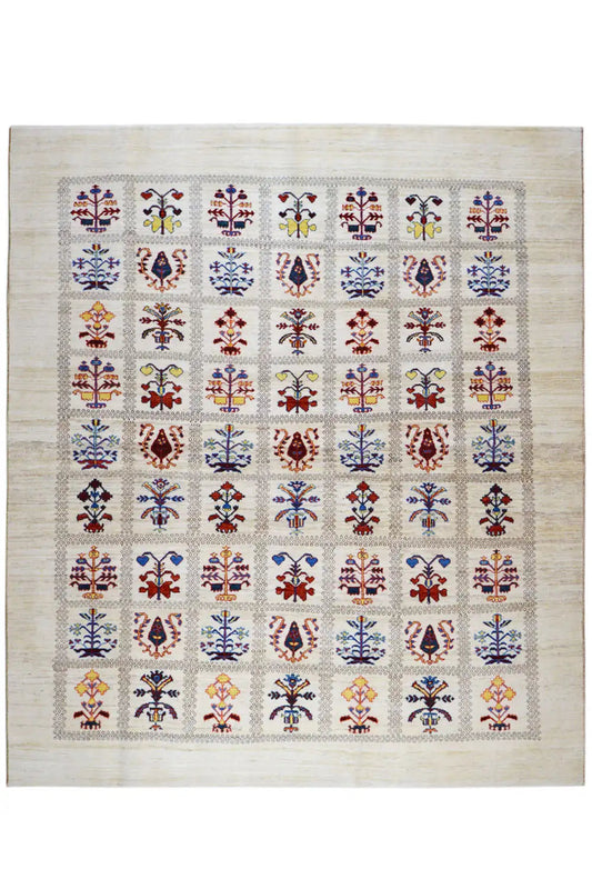 Rectangular Gabbeh-Lori rug on a beige background with colorful ornaments.
