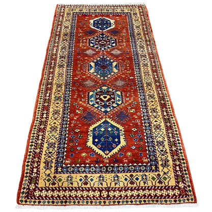 Shiraz rug with three medallions in a vertical format, reddish brown, blue, and cream