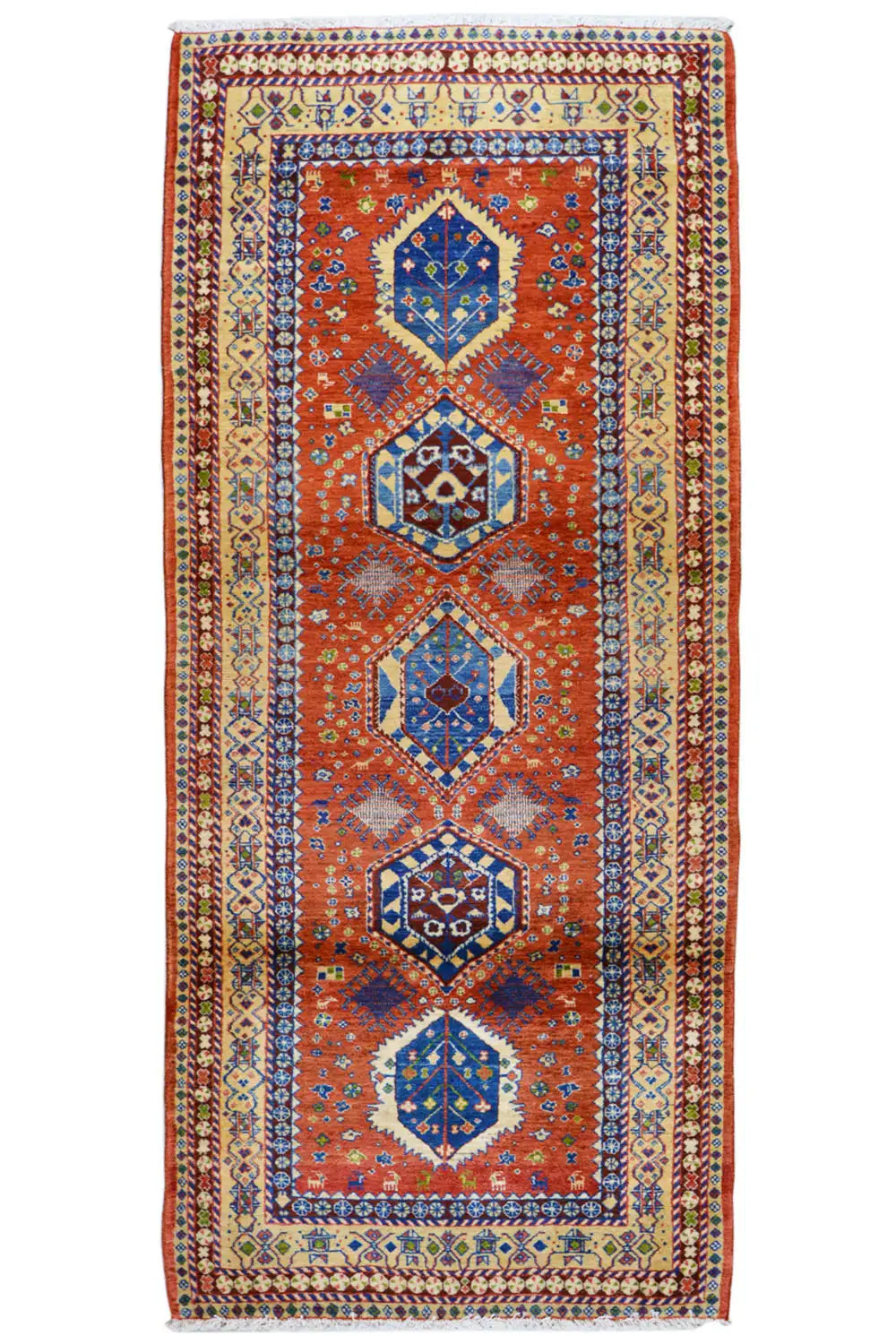 Shiraz rug with a vertical medallion pattern, red-orange, blue and yellow-beige