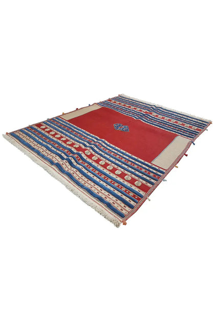 Soumak rug 202x162 cm, red field with blue stripes and fringes