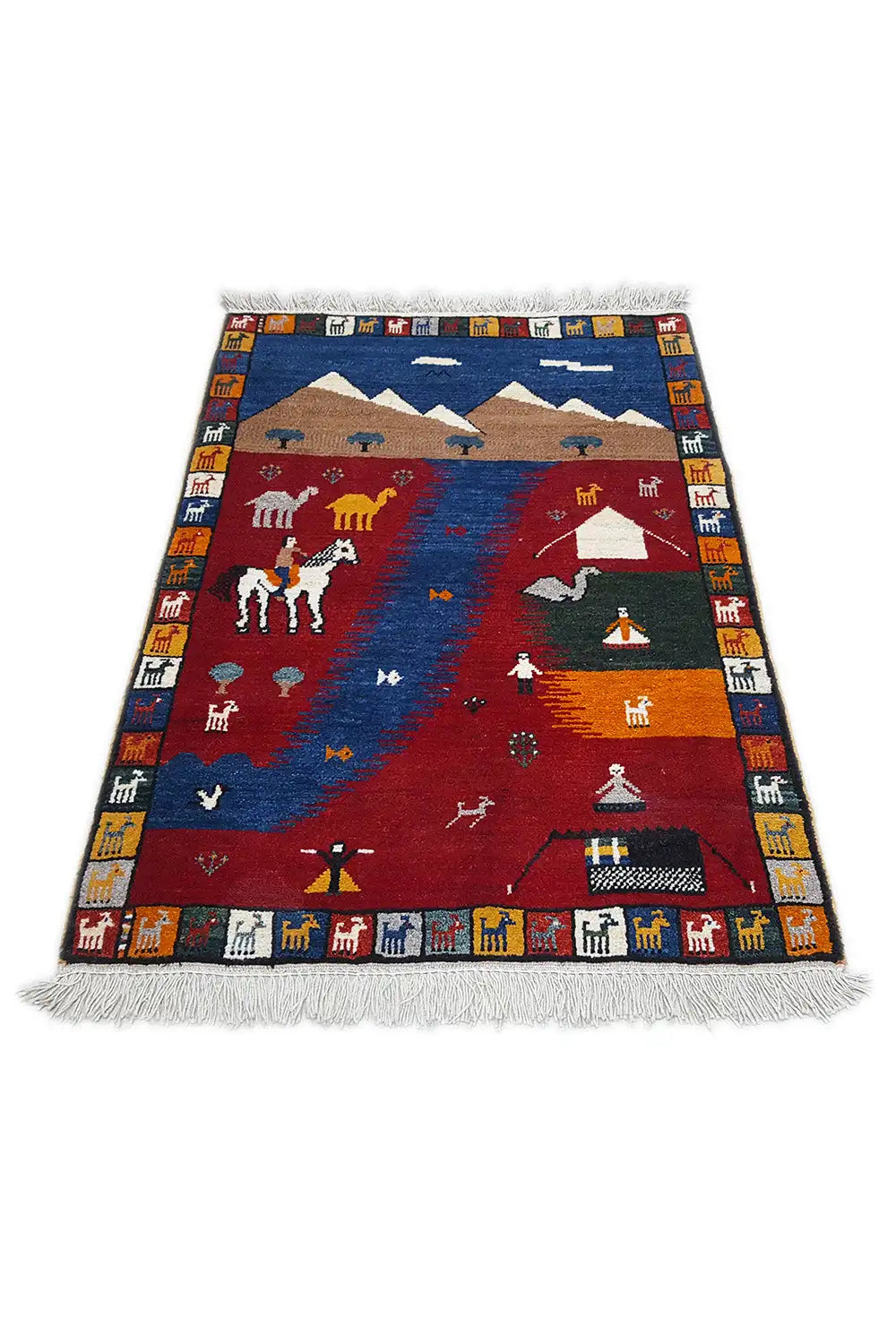 Landscape-format Gabbeh rug with a blue and red design, beige accents, and fringes