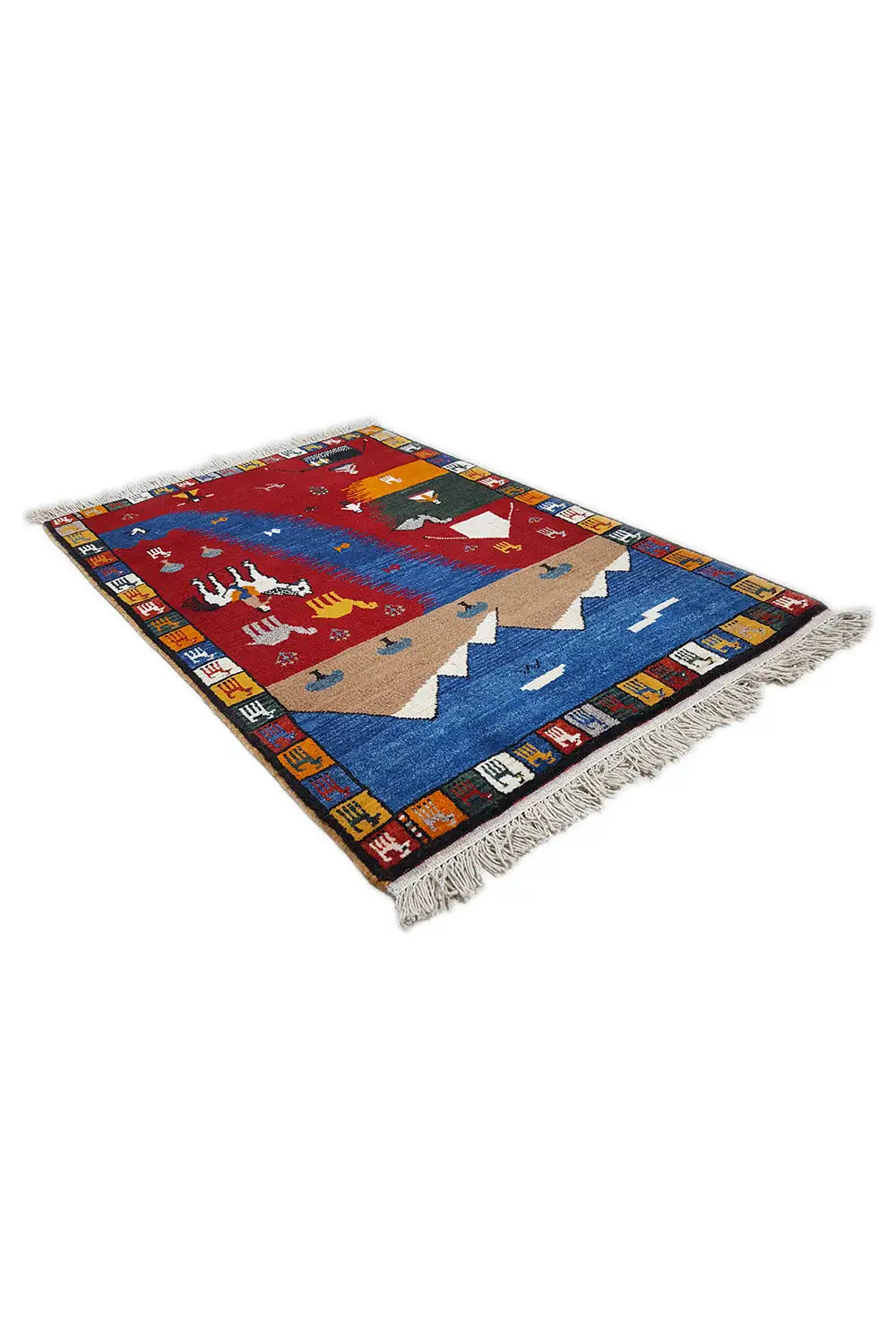 Gabbeh rug viewed diagonally with a blue-red pattern and fringes along the edge