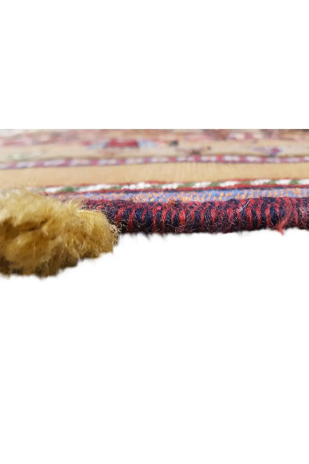 Carpet edge with fringes and multicolored woven texture, wide finishing border