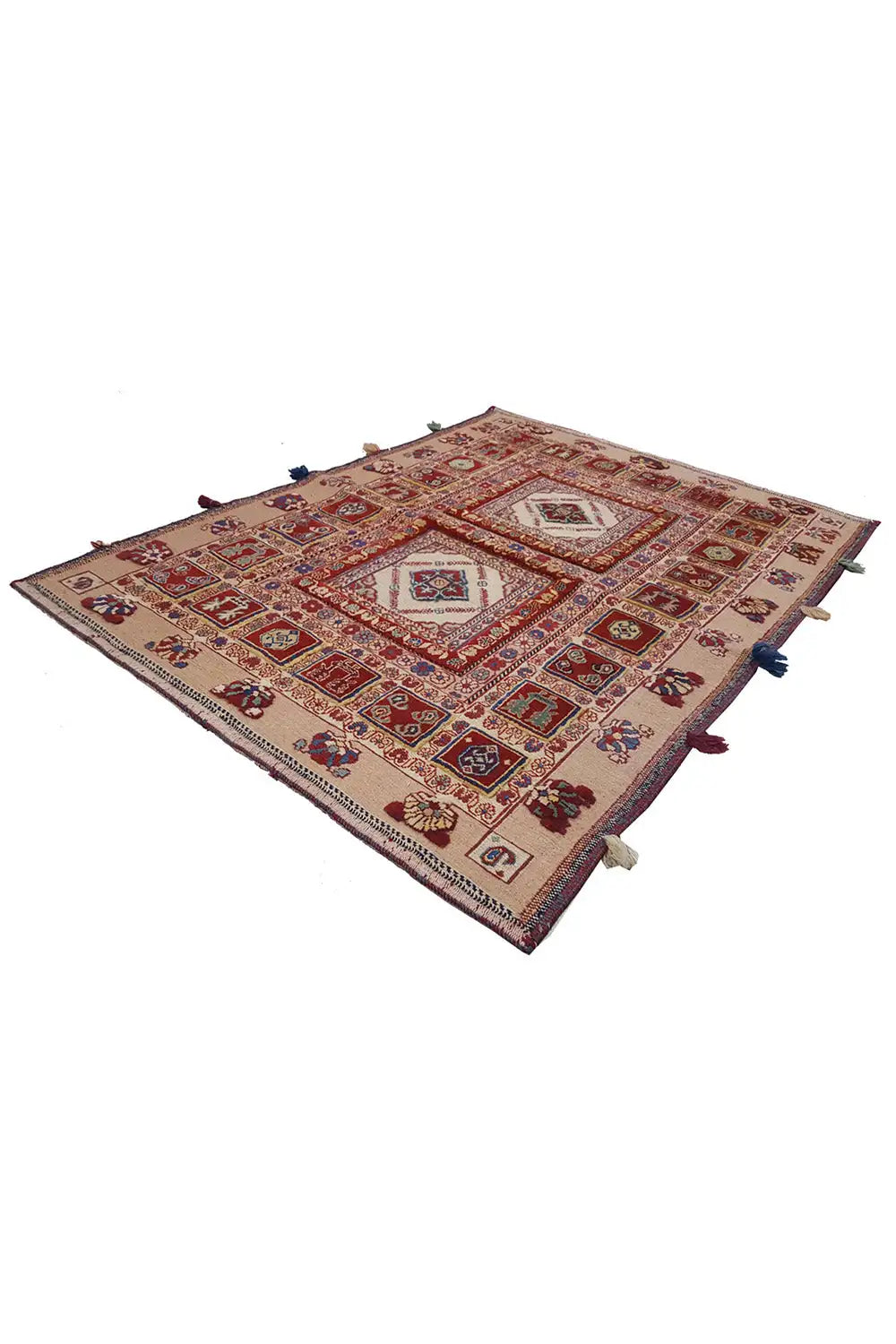 Soumak rug with red medallion design and blue-green ornaments