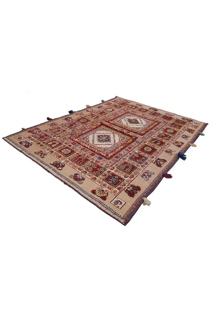 Soumak rug with red medallion design and blue-green ornaments